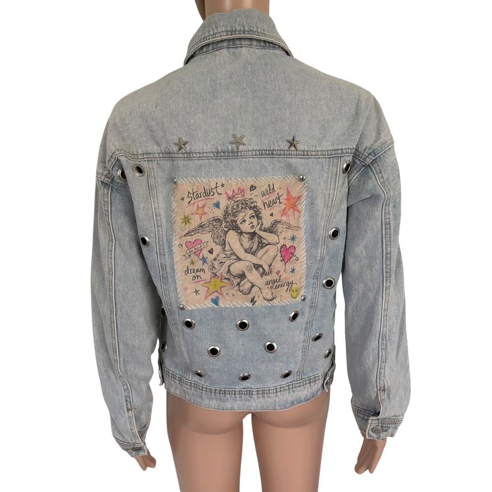 Upcycled Denim Jacket M Angel Cherub Grommet Stud Celestial Punk Boho Retro Blue - Picture 3 of 13